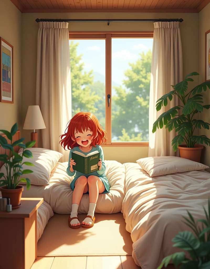 High-quality photograph of a red-haired girl sitting half-lying on a bed with a book and laughing. warm atmosphere and joy.