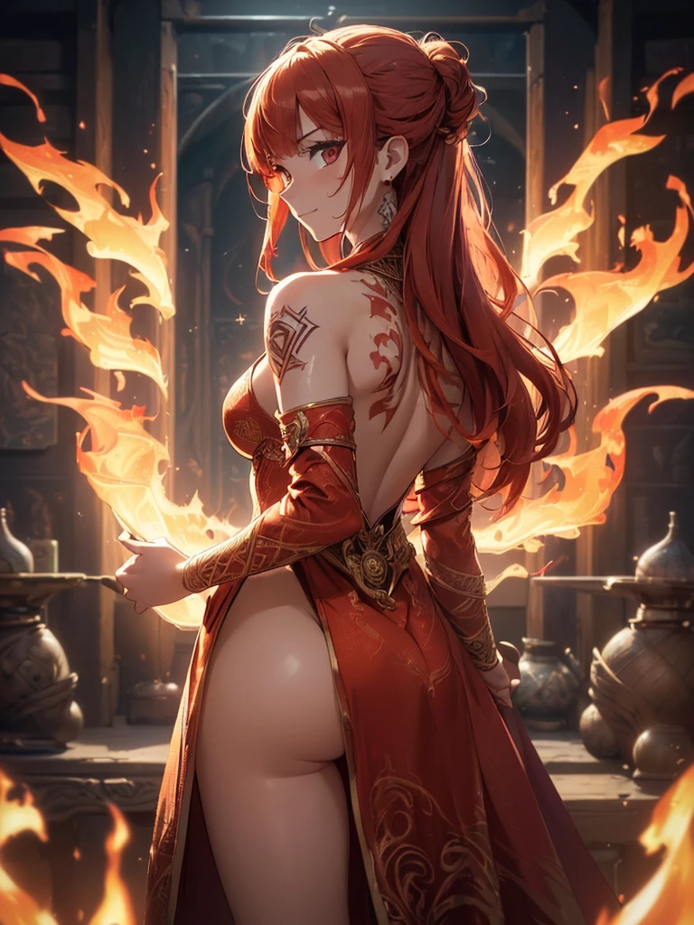 (((best quality, sharp image, clear image, cinematic lighting, 8k resolution, masterpiece, ultra detailed, intricate))) Girl, (((looking over left shoulder))), (shot from behind), fire mage, ((intricate background)), ((chaotic background)), red hair, smiling, ((flame runes, flame sigils)), (tatoo on back), slim figure, flying sigils, long dress, cute