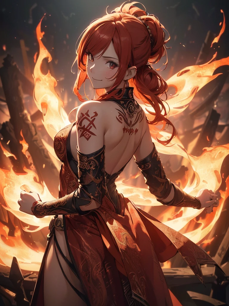 (((best quality, sharp image, clear image, cinematic lighting, 8k resolution, masterpiece, ultra detailed, intricate))) Girl, (((looking over left shoulder))), (shot from behind), fire mage, ((intricate background)), ((chaotic background)), red hair, smiling, ((flame runes, flame sigils)), (tatoo on back), slim figure, flying sigils, long dress, cute