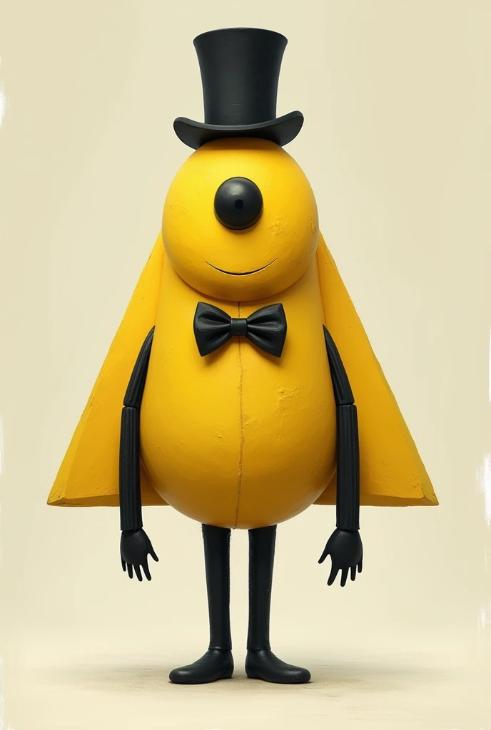 yellow triangle with one eye,
black bowtie, black tophat and black limbs and breasts