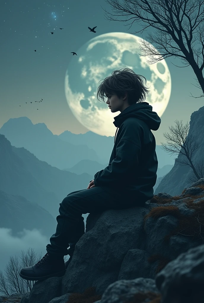 (photorealism:1.2), a boy with long hair sitting on the top of a mountain, wearing black.hoodie, his is flowing in wind, birds are on the tree, sky full of.stars, nebula on the sky, half moon, romantic weather, dark environment 