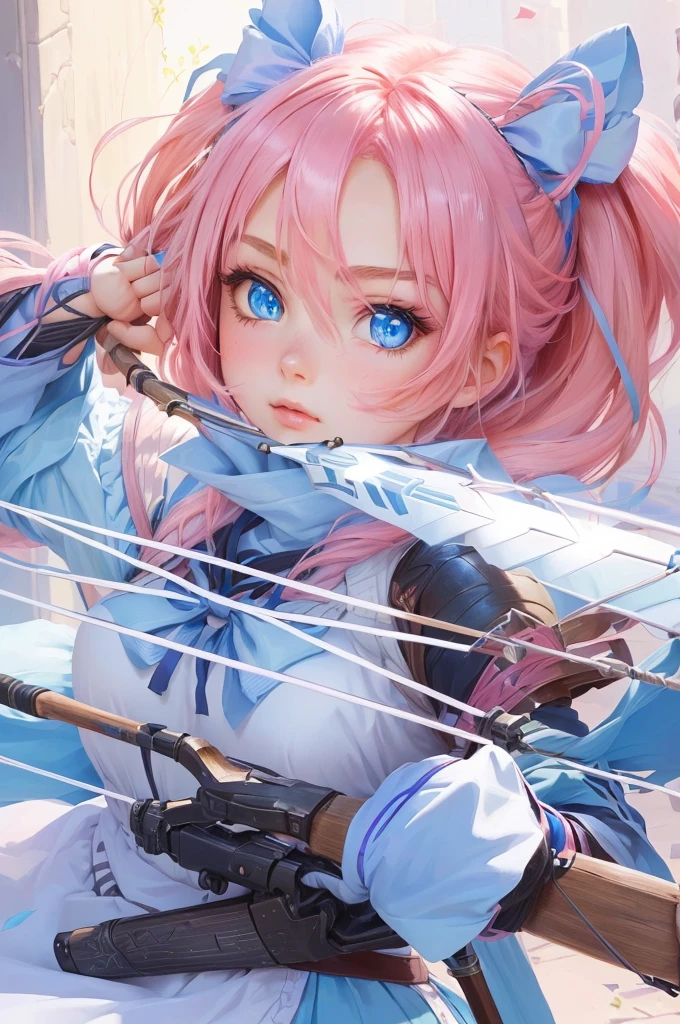 Beutiful girl with pink hair and blue eyes holding a string, female protagonist 👀 :8, girl with a bow and arrow, visual of a cute girl