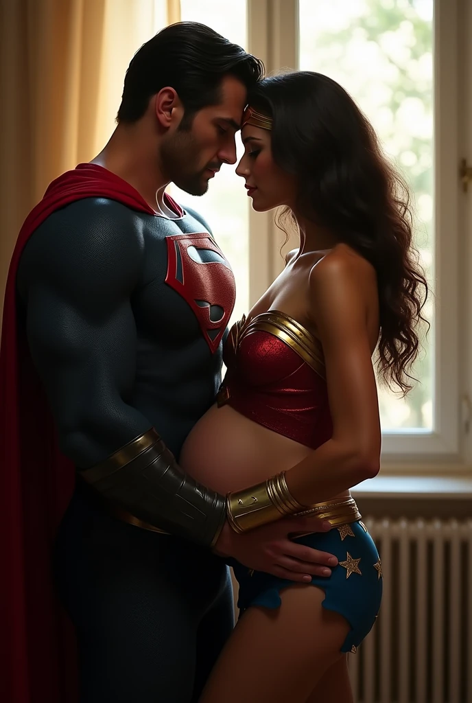 A stunning portrait of Bruce Wayne holding Wonder Woman, she is pregnant, holding her belly, young and beautiful, hyper realistic, real portrait, backlit, exquisite features, cleavage, sexy, seductive, window, natural light, soft light
