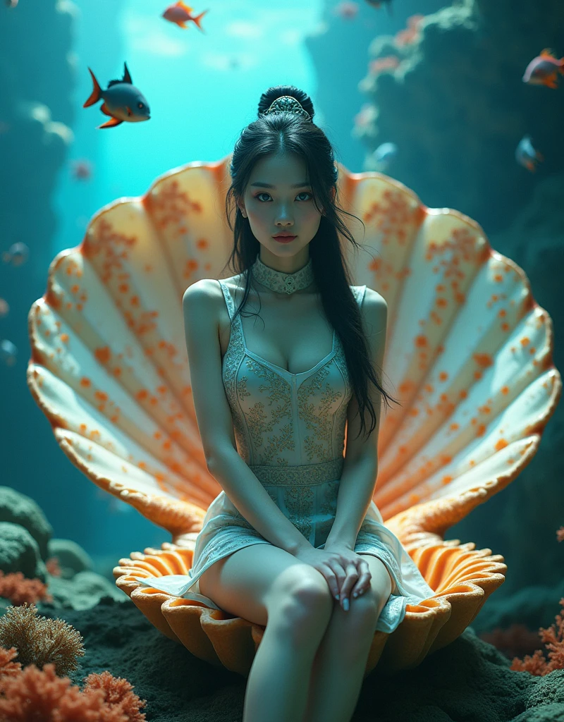 close up of A beautiful woman, dressed in short cheongsam, beautiful decoration and fine grain, black hair, updo hair, hair pin on the head, blue eyes, sitting underwater on a huge scallop surrounded by colored coral, the inner wall of the scallop is colored, like a throne, and there are fish swimming around her, this picture is a realistic photo, with super detail, With cinematic lighting and cinematography, it depicts the entire body of an Asian girl, shot from a wide Angle