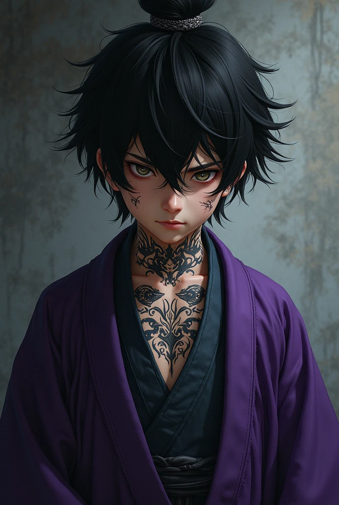 A handsome and handsome 13 year old man with a dark appearance, with demonic tattoos covering his body. His presence is heavy and intimidating, with eyes that reveal the constant struggle against the influence of the devil within him, wearing a purple Kurotomesode with demon details.
