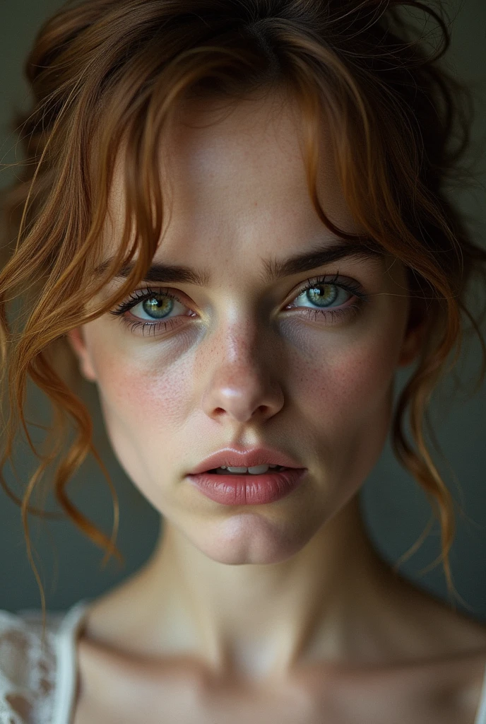 Emma Watson, nude, young, anorectic, pale skin, extremely beautiful, seductive, messy hair, sad gazes into camera, strong makeup, supermodel, sexy