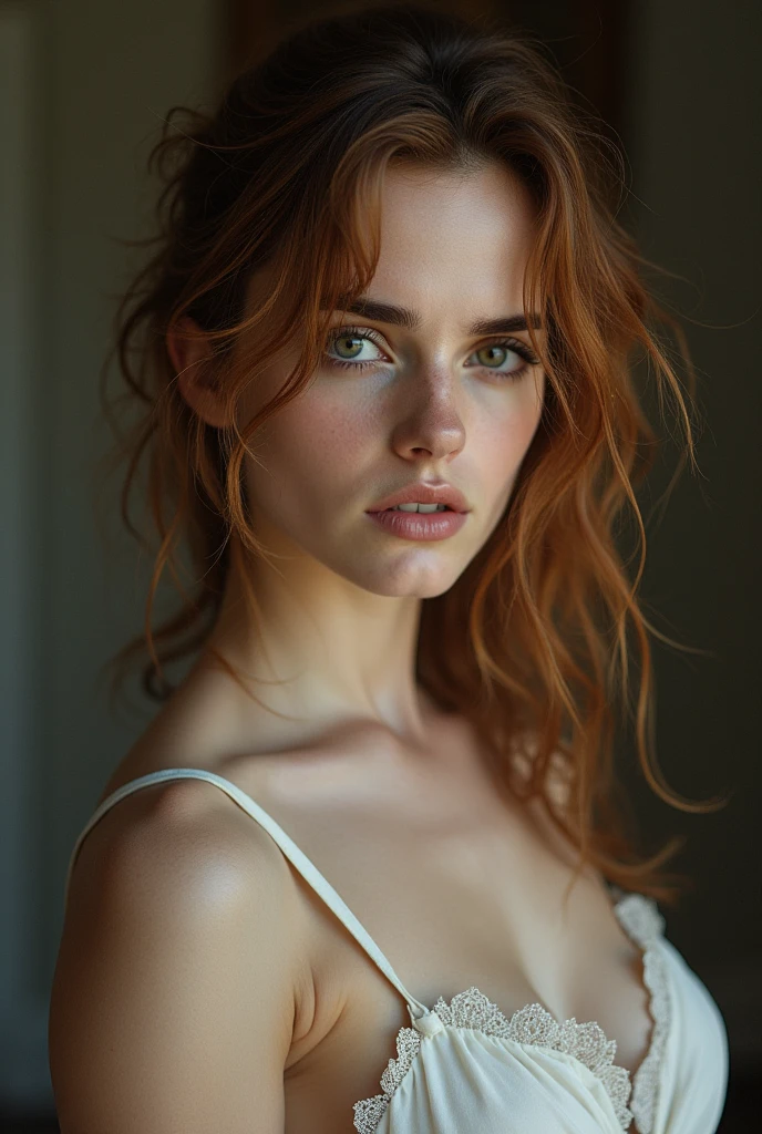 Emma Watson, nude, young, anorectic, pale skin, extremely beautiful, seductive, messy hair, sad gazes into camera, strong makeup, supermodel, sexy
