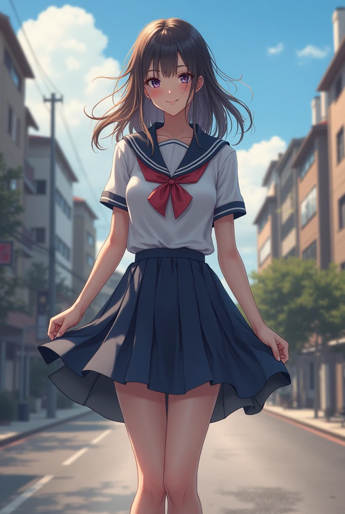 (8k, Highest quality, masterpiece:1.2), (Realistic, photo-Realistic:1.37), Ultra-detailed, 1, alone, (Her skirt flutters in the wind, exposing her panties),Beautifully detailed skies, (smile:1.2), (Grin), Beautiful and fine details, Floating hair,(seifuku:1), stockings, whole body,street,thin、One person talking、looking at the camera、