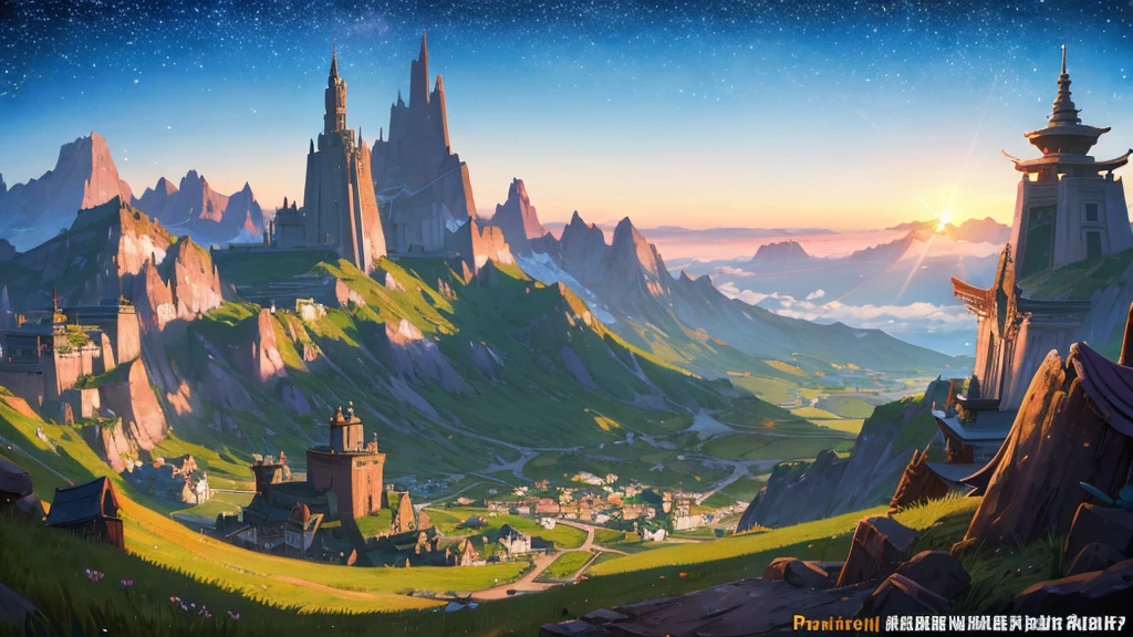 Fantasy landscape, pointed mountains, wide-open fields, shooting stars, sun set, See, World of Warcraft, village