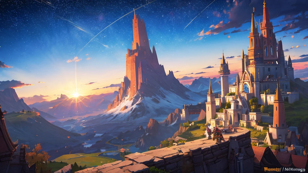 Fantasy landscape, pointed mountains, wide-open fields, shooting stars, sun set, See, World of Warcraft, village