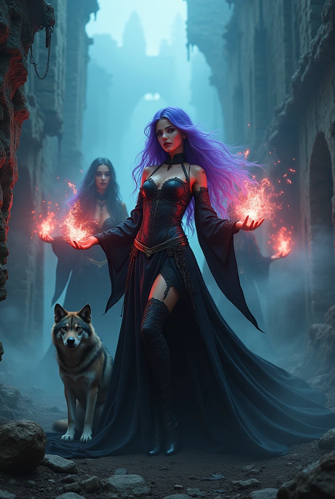 realistic gothic sorceresses, ultra-sexy, colorful hair, casting spells, wolf at their feet, ruined castle, mist, (best quality,4k,8k,highres,masterpiece:1.2),ultra-detailed,(realistic,photorealistic,photo-realistic:1.37),dark fantasy,dramatic lighting,moody atmosphere,chiaroscuro,cinematic,intricate details,vivid colors,dramatic poses