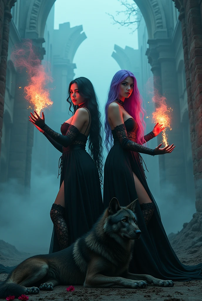 realistic gothic sorceresses, ultra-sexy, colorful hair, casting spells, wolf at their feet, ruined castle, mist, (best quality,4k,8k,highres,masterpiece:1.2),ultra-detailed,(realistic,photorealistic,photo-realistic:1.37),dark fantasy,dramatic lighting,moody atmosphere,chiaroscuro,cinematic,intricate details,vivid colors,dramatic poses