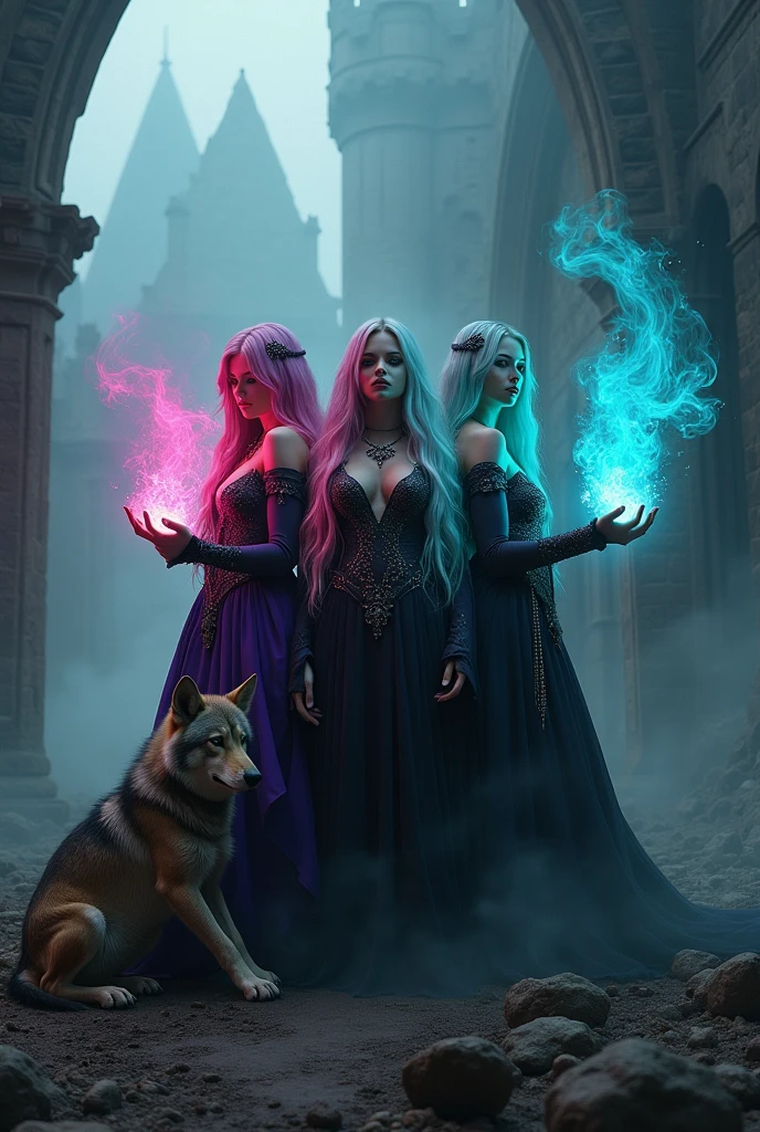realistic gothic sorceresses, ultra-sexy, colorful hair, casting spells, wolf at their feet, ruined castle, mist, (best quality,4k,8k,highres,masterpiece:1.2),ultra-detailed,(realistic,photorealistic,photo-realistic:1.37),dark fantasy,dramatic lighting,moody atmosphere,chiaroscuro,cinematic,intricate details,vivid colors,dramatic poses