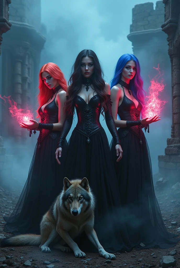 realistic gothic sorceresses, ultra-sexy, colorful hair, casting spells, wolf at their feet, ruined castle, mist, (best quality,4k,8k,highres,masterpiece:1.2),ultra-detailed,(realistic,photorealistic,photo-realistic:1.37),dark fantasy,dramatic lighting,moody atmosphere,chiaroscuro,cinematic,intricate details,vivid colors,dramatic poses