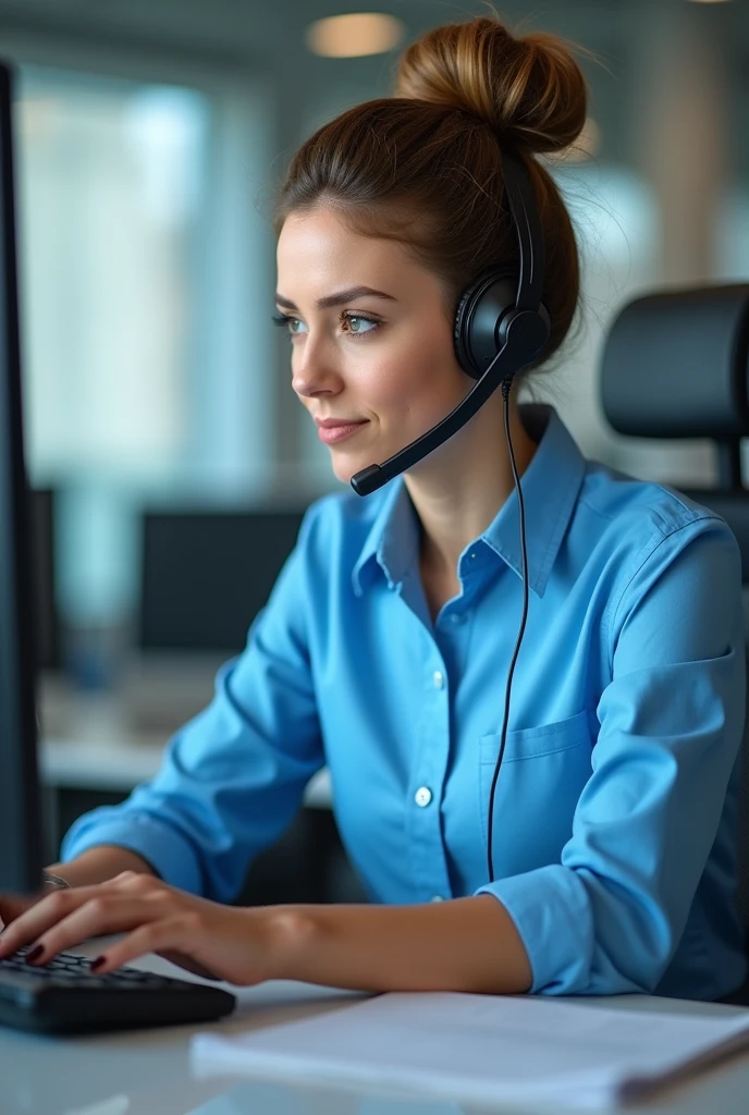 Lady with headphones and microphone wearing a full sky blue customer service shirt answering a call, sharp image, hair with bun typing on keyboard playing her earphone