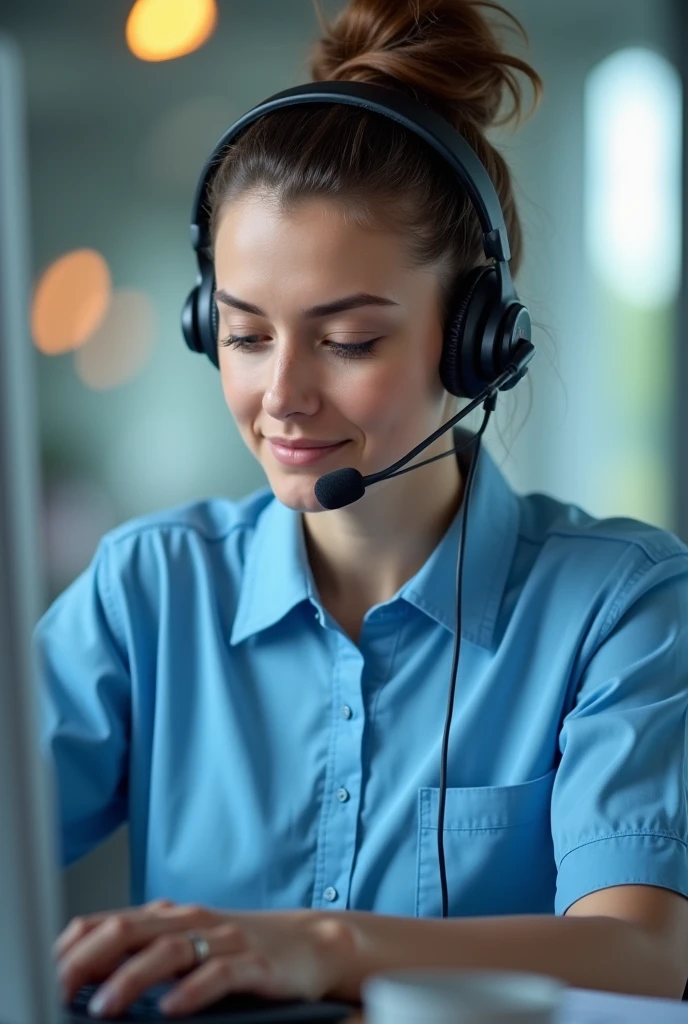Lady with headphones and microphone wearing a full sky blue customer service shirt answering a call, sharp image, hair with bun typing on keyboard playing her earphone