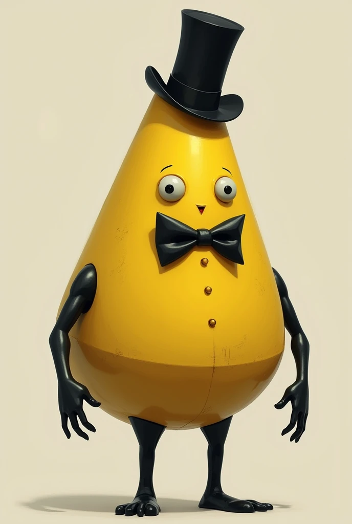 yellow triangle with one eye, 
black bowtie, black tophat and black limbs and breasts 
