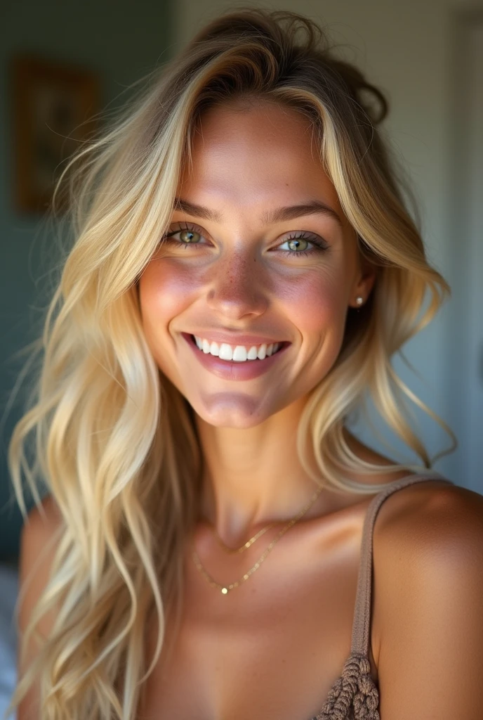 create an influencer,blonde hair,Scandinavian,light eyes,light brown skin, spotty, girl next door,Natural photo, spontaneous photo, 55 mm linse, Permissive,at home, Background also sharp,smiling, further away from the camera ,elegant posture, further away from the camera, 1 meter away from the camera,tits should be seen