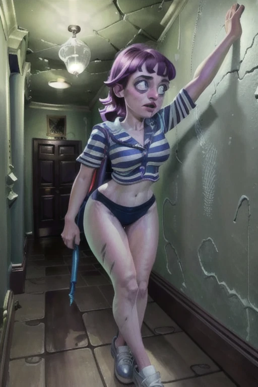 はScared、Scared、Striped shirt、Black high leg bikini、sneakers、Backpack、Running in the corridor、Haunted Victorian Mansion, Spooky, night, cracked peeling walls rotten floors lost dark Spooky moonlight (masterpiece:1.2)  (Highest quality) (Detailed skin:1.3) (Intricate details) (8k) (Sharp focus) AS-Young Clutter-Home 
