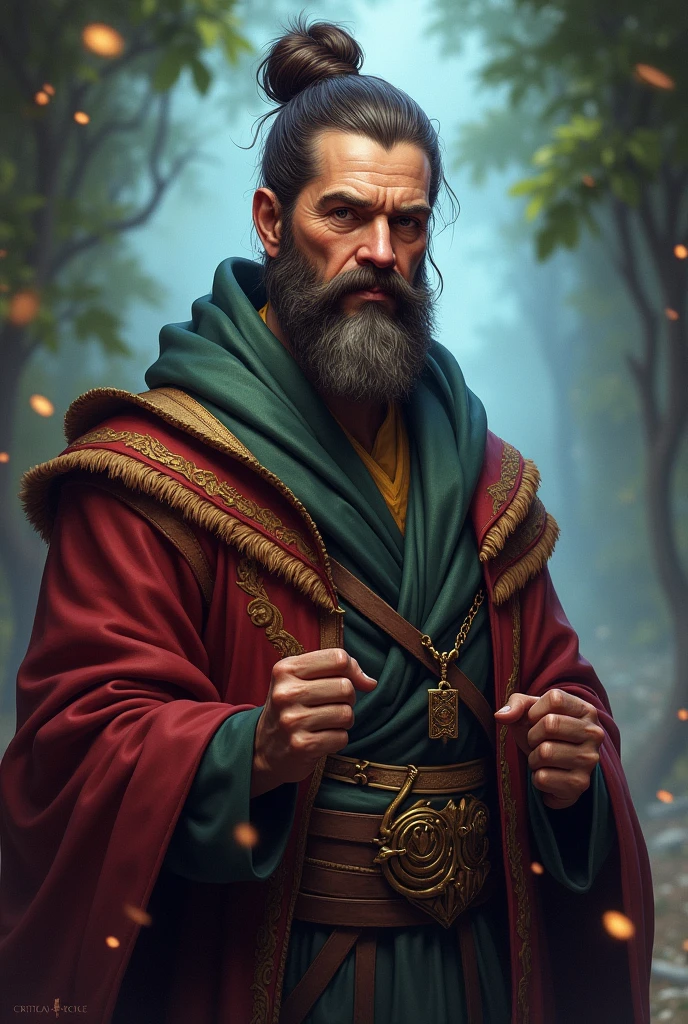 crie um homem, he's a wizard, he has his hair in a bun style, make it in the art style of dungeons amd dragons VOX MACHINA from critical role create it with a friendly and calm face, He doesn't have a beard