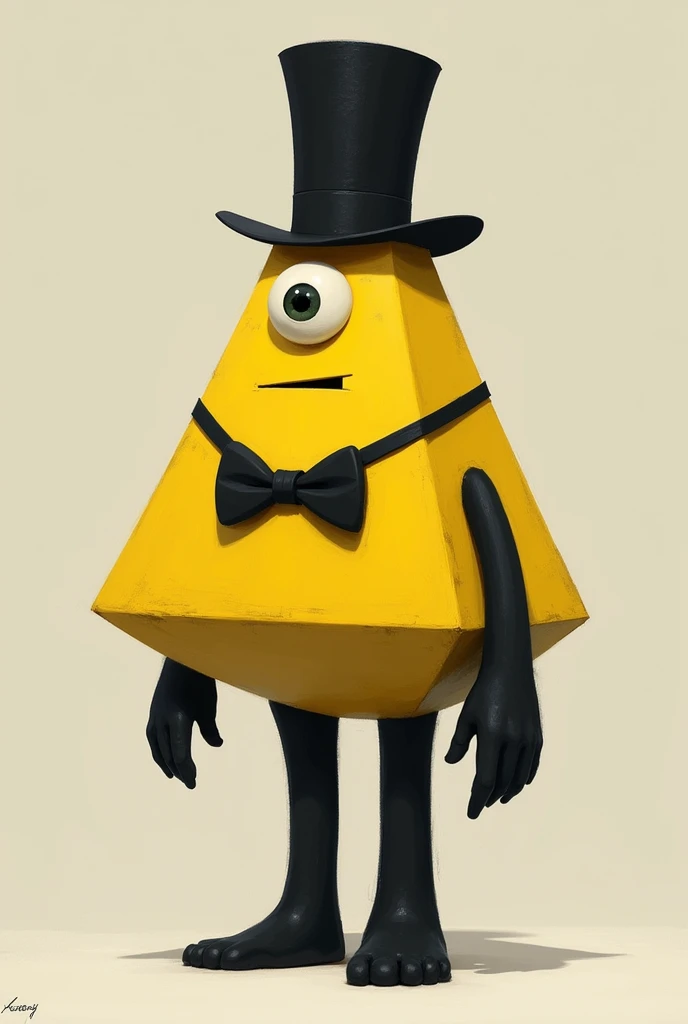 yellow triangle with one eye,
black bowtie, black tophat and black limbs and breasts