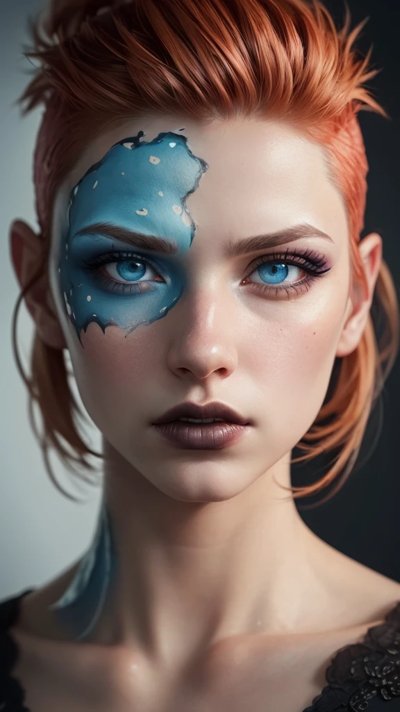 ((best quality: 1.5)) ((masterpiece: 0.8)), intricate details, sharp focus, professional, real life, realistic representation of the face, dim volumetric lighting, dynamic pose, in the style of realistic and hyper detailed renderings BREAK (detailed 30 year old android woman, (((blackout gothic eye makeup, portrait) ice blue eyes, short ginger hair, shaved sides), determined expression)), photorealistic, hyper-realistic, 8K