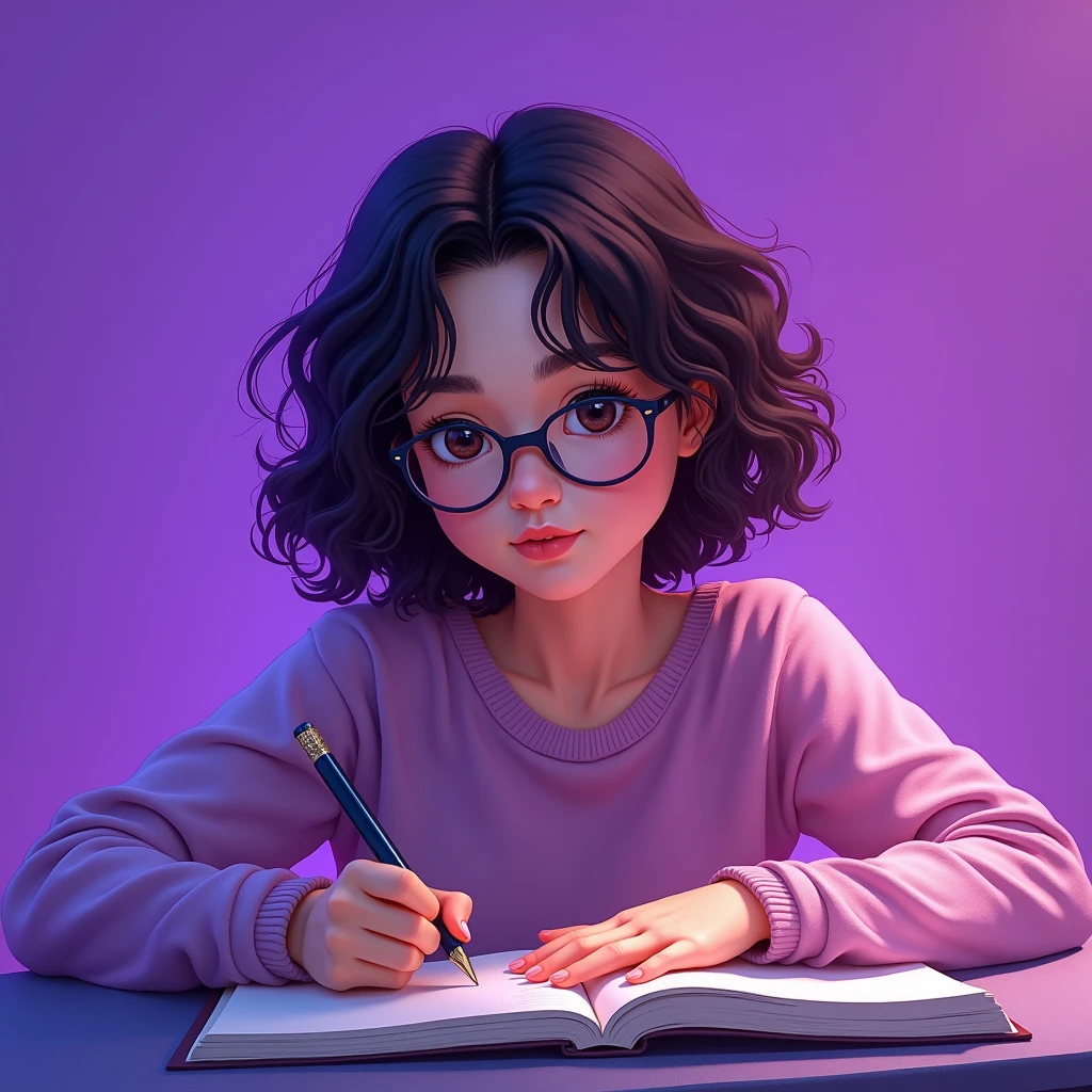1080 x 1080 pixels

, shorth hair,curly 2B , dark brown,Oval face,Caucasian skin,upturned nose and heart shaped mouth Wearing round glasses Writing With purple background, lilac and blue