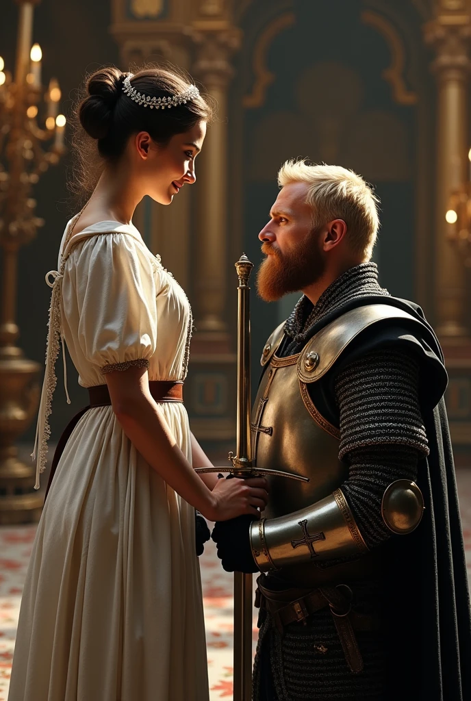 ((From above view:1.5)), The queen places her sword on the kneeling Teutonic Knights shoulder, Acored, (1 woman and 1 man is existence), front view, Full-body, 13 century, Germany, White girl, Germany queen, 30 age-old, (dark brown hair, hair bun, little lip, little smile ) (tiara, earring), (middle breasts, slender whist, middle hip), slender body,(ancient old fashion, courtly romance), hands hold Crusader sword, sword put on knight shoulder, on floor, standing palace in Teutonic, (Germany, 40 age-old, gold hair, long hair, beard, mustache, Serious),Cover the whole body in armor, ((He wears a cloak with a black cross on his chest)), black croak, kneeling , down head, (masterpiece, Highest quality, masterpiece, God-like quality, Godly art, Very realistic),
