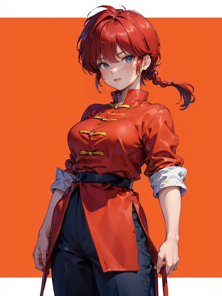 ((masterpiece:1.4)), expensive quality, very_expensive_solve, big_file size, Full Color, Thick outline, Clear contours, colorful, (Beautiful fine details), ((Beautiful Face:1.0)), ((Boyish face:1.4)), 1 girl, (Ranma), (Redhead), short hair, (Braided Ponytail), ((bangs)), bumpy bangs, Blue-gray eyes, Big Breasts, Curvy, Ranma, Braided Ponytail, (Red Chinese Clothing), No sleeve, Tangzhuang, Black trousers, Are standing, ((Cowboy Shot:1.4)), ((from the front:1.4)), Are thin:1.4