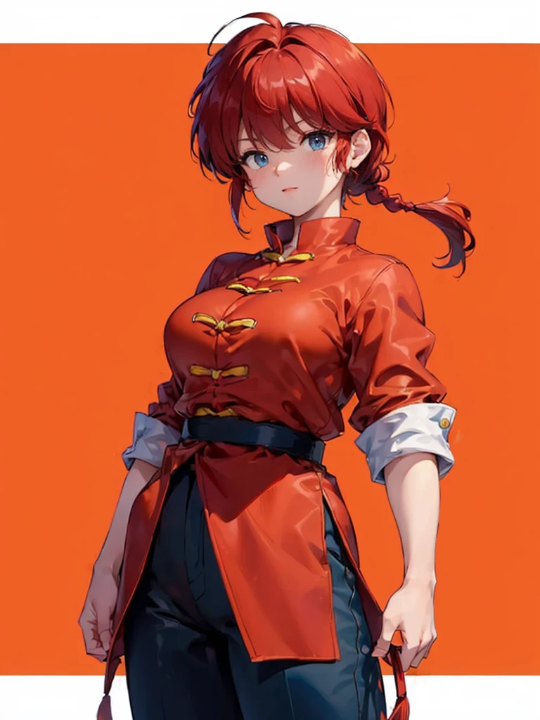 ((masterpiece:1.4)), expensive quality, very_expensive_solve, big_file size, Full Color, Thick outline, Clear contours, colorful, (Beautiful fine details), ((Beautiful Face:1.0)), ((Boyish face:1.4)), 1 girl, (Ranma), (Redhead), short hair, (Braided Ponytail), ((bangs)), bumpy bangs, Blue-gray eyes, Big Breasts, Curvy, Ranma, Braided Ponytail, (Red Chinese Clothing), No sleeve, Tangzhuang, Black trousers, Are standing, ((Cowboy Shot:1.4)), ((from the front:1.4)), Are thin:1.4