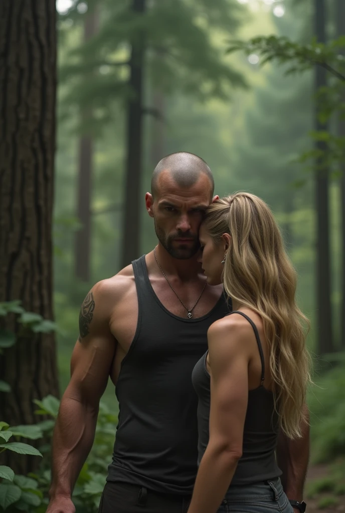 40 year man, tank top, muscle, runner, skin head, bearth, slim, brown eyes, forest, with small teen girl, she is blonde, in tank top, sexy