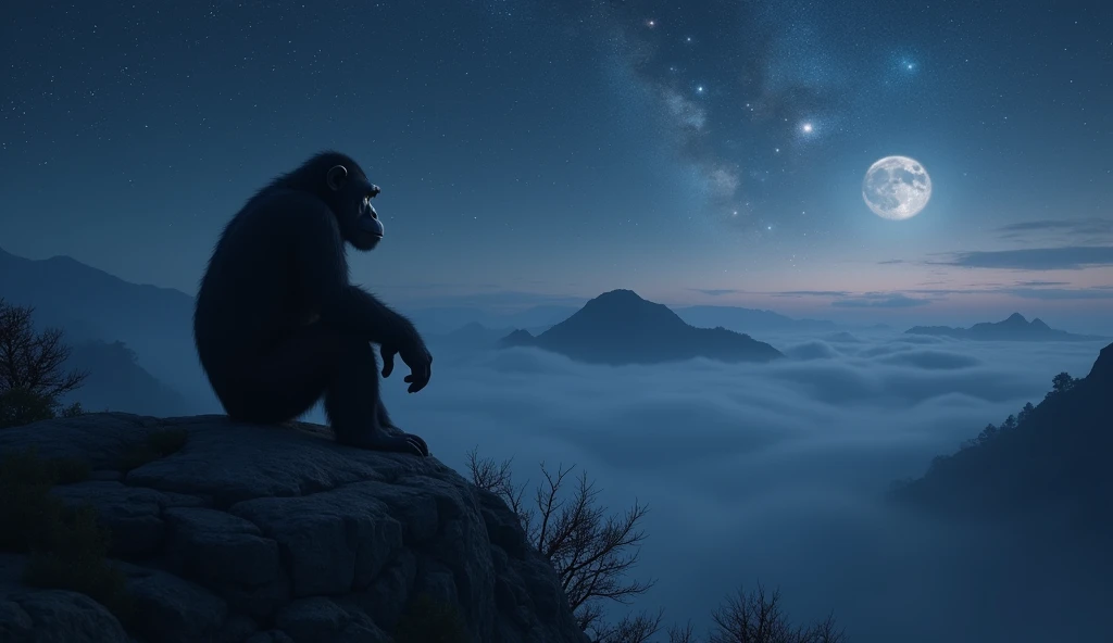 , ((masterpiece, of the highest quality, Maximum image quality, High resolution, photorealistic, raw photo, 8k)), ((Extremely detailed 8k unified CG wallpaper)), In the middle of the night, A large chimpanzee sits on a rock at the top of a mountain, looking at many stars, He comes up with a new idea about the origin of humanity, view from below, and contains fog so that the environment can be seen a little dimmed 
