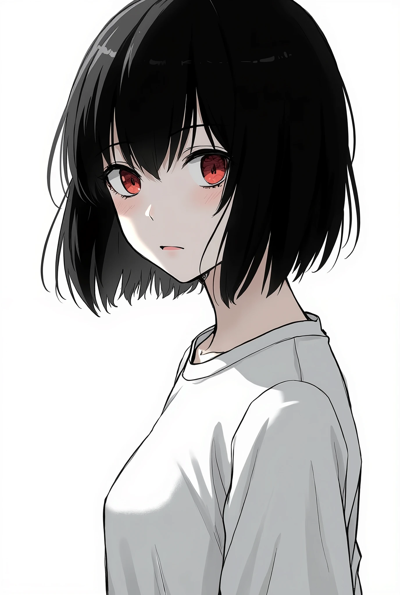 In jujutsu kaisen manga style a young woman short stature, with black hairy shoulder lenght, Red eyes a calm and shy expression, Half body, She wears a White shirt, manga style in black and White only the eyes colored