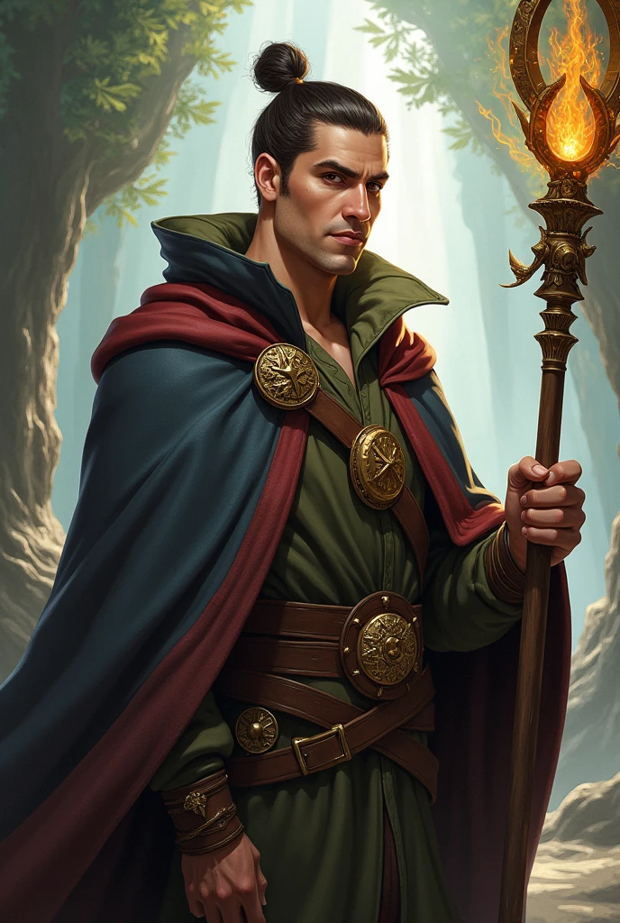 crie um homem, he's a wizard, he has his hair in a bun style, make it in the art style of dungeons amd dragons VOX MACHINA from critical role create it with a friendly and calm face, He doesn't have a beard, doesn't have a beard, YOUR FACE HAS NO FACIAL HAIR