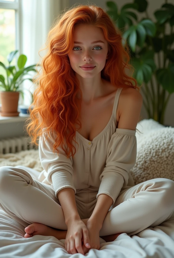 (photorealism:1.2), beautiful sporty girl with red curly hair and green eyes, sitting with stretched legs on bed, wearing loose off-shoulder top, pajama pants, long curly red hair, indoors, soft lighting, plants in background, window with sunlight, cozy room, relaxed pose, realistic, intricate details,