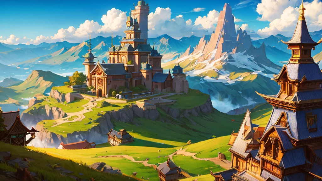 Fantasy landscape, pointed mountains, wide-open fields,, sun set, See, World of Warcraft, village