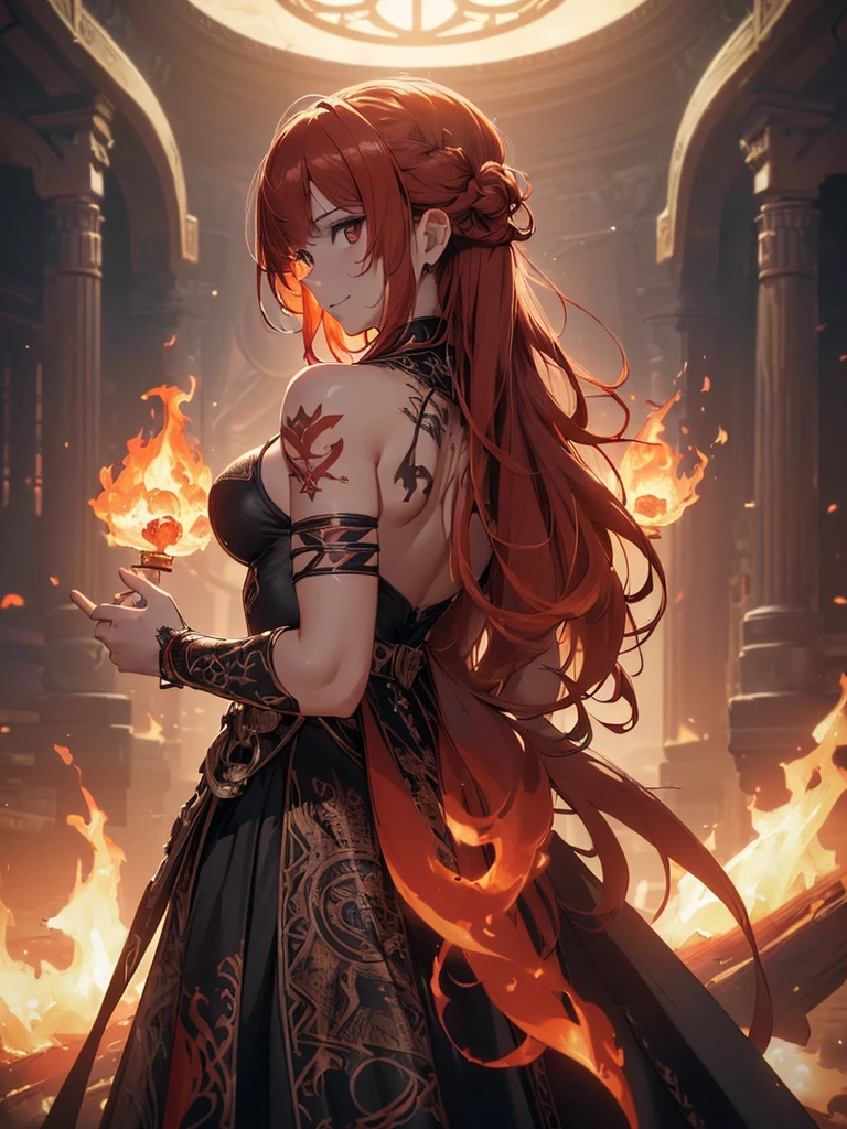 (((best quality, sharp image, clear image, cinematic lighting, 8k resolution, masterpiece, ultra detailed, intricate))) Girl, (((looking over left shoulder))), (shot from behind), fire mage, ((intricate background)), ((chaotic background)), red hair, smiling, ((flame runes, flame sigils)), (tatoo on back), slim figure, flying sigils, long dress, cute, hide hands