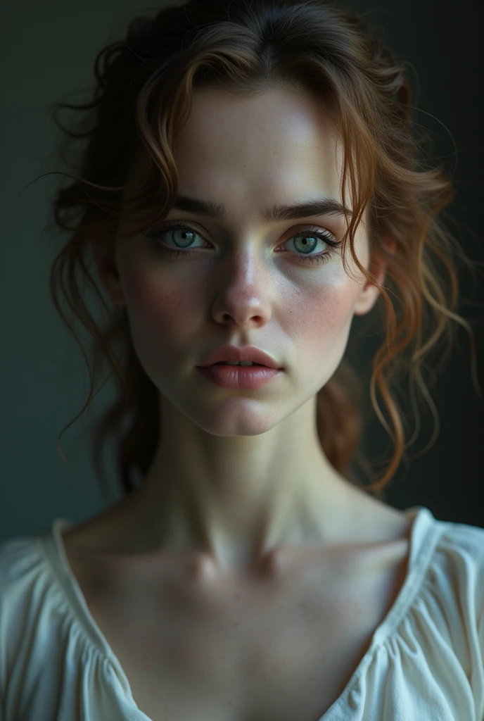 a beautiful young woman, Emma Watson, extremely detailed face, beautiful detailed eyes, beautiful detailed lips, long eyelashes, pale skin, anorectic physique, messy hair, seductive expression, strong makeup, supermodel, looking sad and gazing into camera, (best quality,4k,8k,highres,masterpiece:1.2),ultra-detailed,(realistic,photorealistic,photo-realistic:1.37),portrait,cinematic lighting,dramatic shadows,muted colors,moody atmosphere