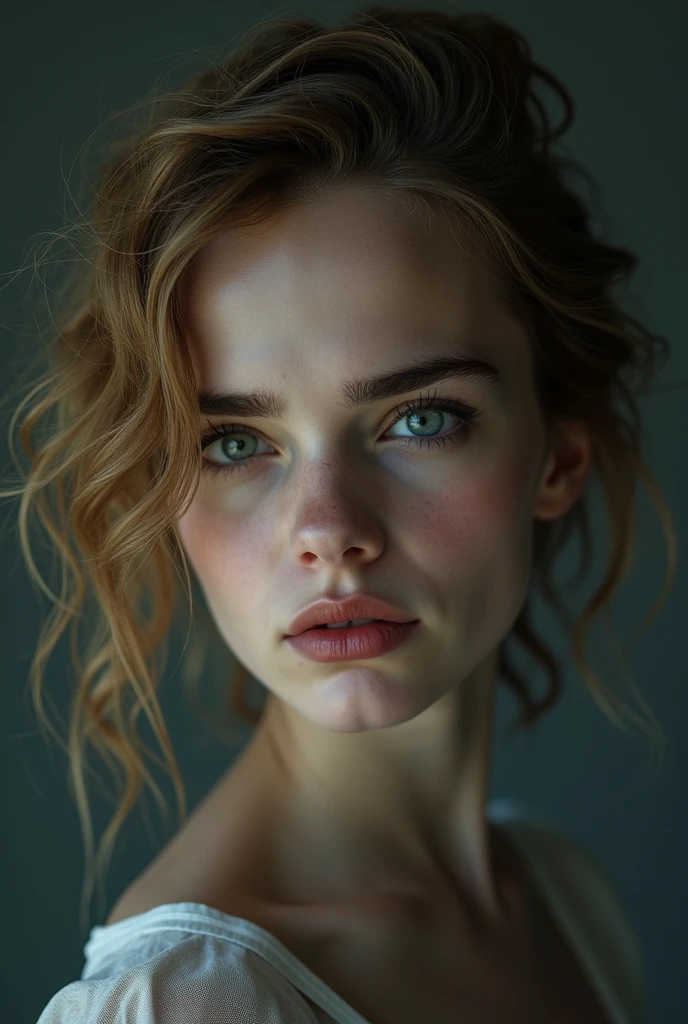 a beautiful young woman, Emma Watson, extremely detailed face, beautiful detailed eyes, beautiful detailed lips, long eyelashes, pale skin, anorectic physique, messy hair, seductive expression, strong makeup, supermodel, looking sad and gazing into camera, (best quality,4k,8k,highres,masterpiece:1.2),ultra-detailed,(realistic,photorealistic,photo-realistic:1.37),portrait,cinematic lighting,dramatic shadows,muted colors,moody atmosphere