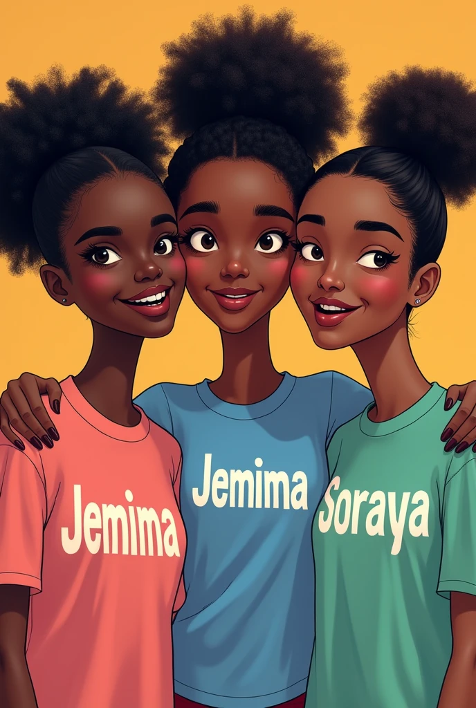 Trois amies filles qui portent des gros t-shirt , le premier t-shirt est écrit Jemima , le deuxième t-shirt est écrit Eliassaint et le troisième t-shirt est écrit Soraya .S
. Elles sont noirs , elles n’ont pas beaucoup de cheveux, elles ont fait des chignons.
Il faut que les noms sur les t-shirt se voient clairement
Il ne faut pas oublier le .S (point S)sur le troisième t-shirt
Je ne veux pas des images d'enfants car elles ont 19 ans