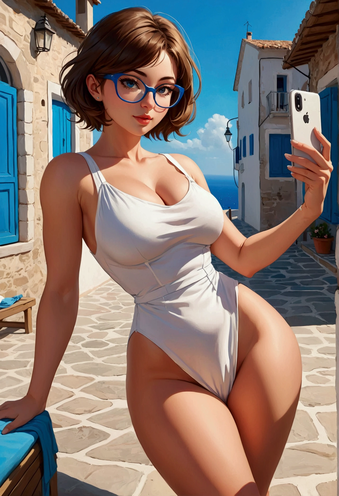 20 years old woman, Short brown hair, Mediterranean with blue eyes, Generous and heavy breasts, slender waist, estomac defini, fesses rebondies et pulpeuses, naturally curved, muscular thighs, aguicheuse, lunettes, air joyeux, Selfie, White summer dress