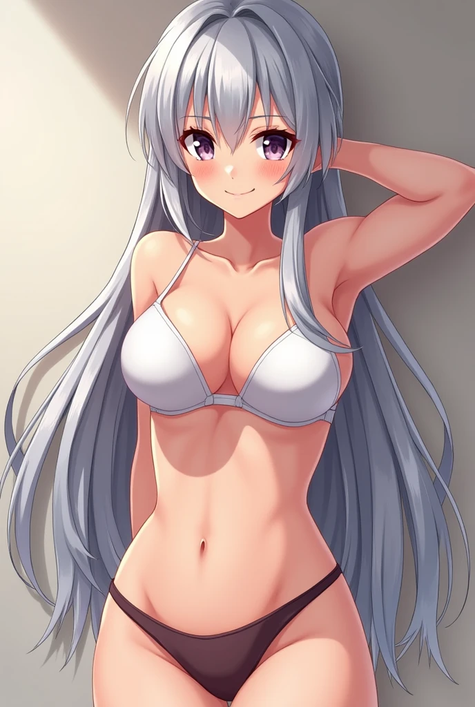 Silver haired anime girl in underwear with sexy pose Even more seductive as she takes off her bra and shows her completely naked breasts