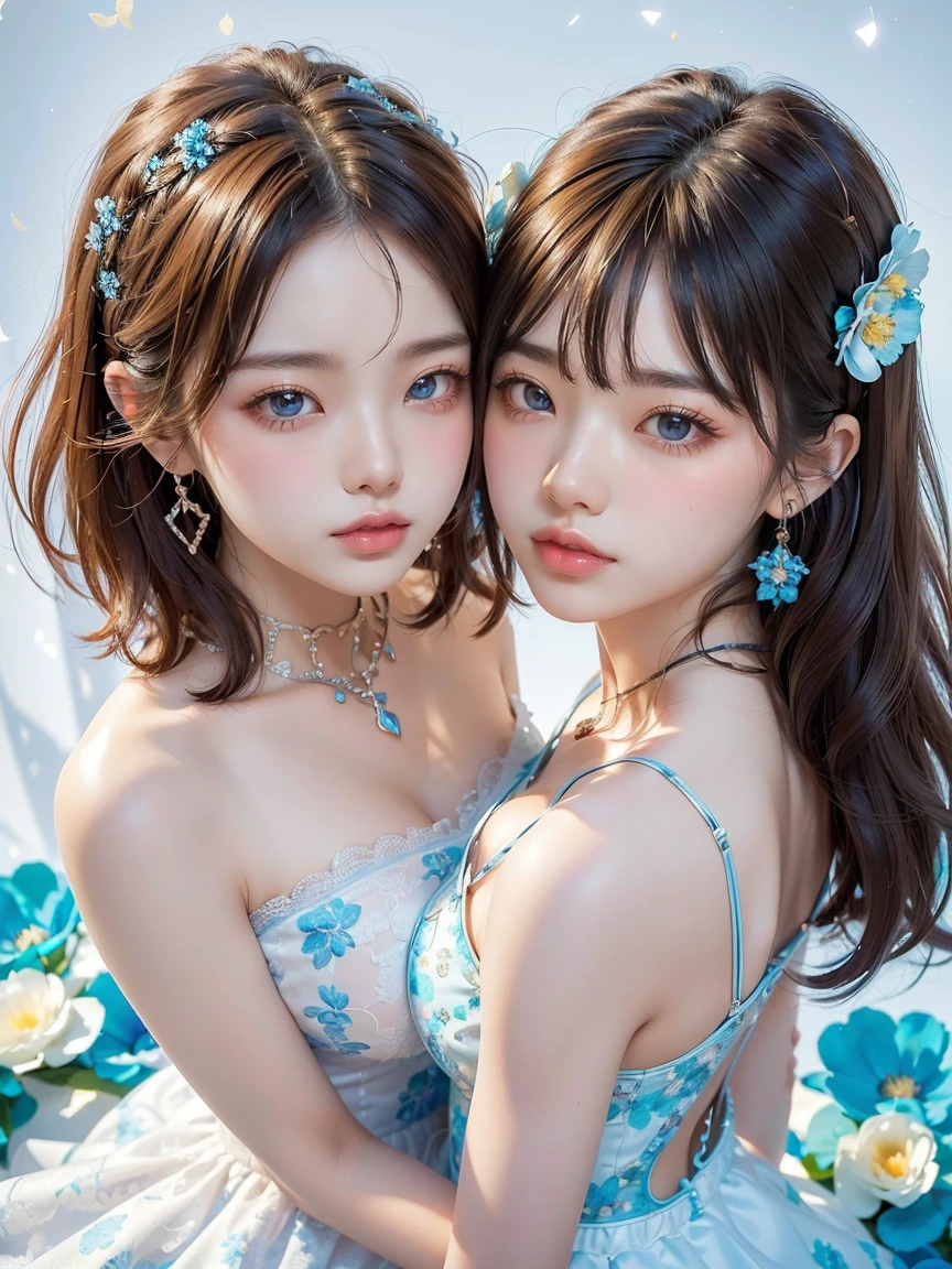 8k, Confused, High resolution, the most important work, Very detailed, (two girls is deeply in love with each other, kiss:1.3), Very beautiful eyes, Ultra-precise depiction, artistic, Very detailed depiction, (Tangled:1.2), (White high key background:1.5), (((White dress with blue floral pattern 1.5))), short hair, Loose wavy hair, Earrings and Necklaces, Brown Hair, (Glowing Skin), Many colors, (Shooting from above:1.2), Flat Body, slim, cute, Round face, Cast a Shadow, Smile 1.3
