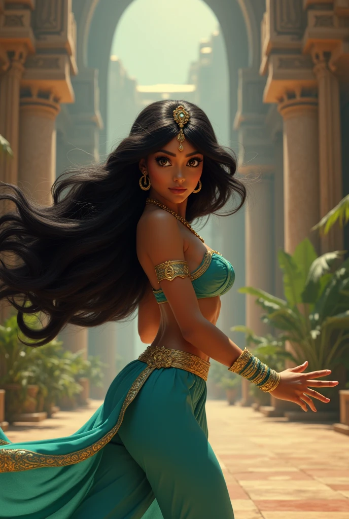 Stunning Princess Jasmine, photo in 8k, in action, cinematic.

