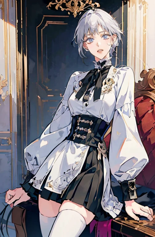 anime - (masterpiece), best quality, seductive eyes, mature face, short straight white hair, black thigh high boots, skirt, white coat, full body, tall woman, long legs, adult-like female, 1girl, determined face, victorian era,