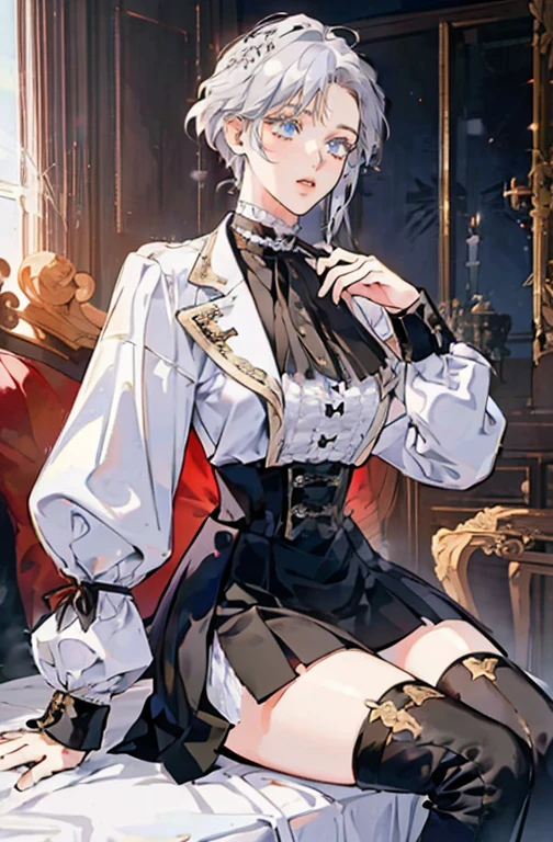 anime - (masterpiece), best quality, seductive eyes, mature face, short straight white hair, black thigh high boots, skirt, white coat, full body, tall woman, long legs, adult-like female, 1girl, determined face, victorian era,