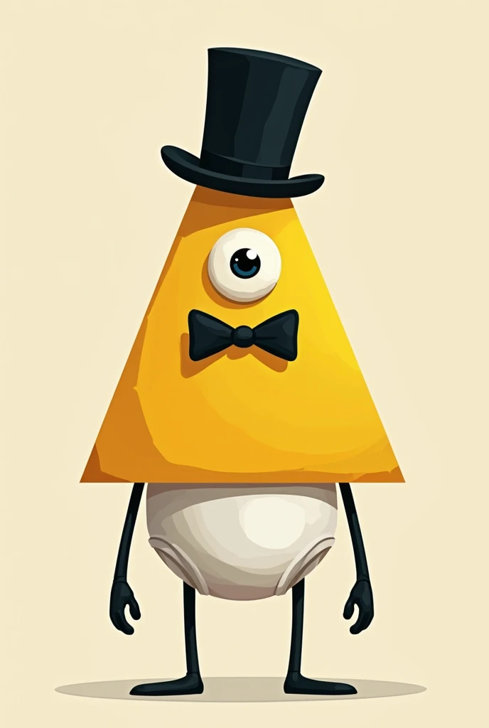 yellow triangle with one eye, 
black bowtie, black tophat and black limbs, in diaper 
