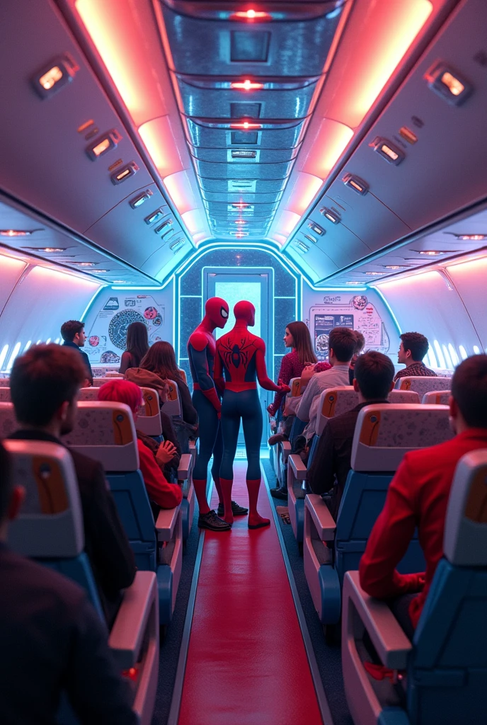 The inside of an airplane, with a Spider-Man themed decoration,, armchairs, red and blue floor and ceiling displaying cutting-edge technology and luxurious comfort. We see several Spider-Men from different universes with different colored uniforms talking and having fun with human passengers., children, adolesecnets, adults.]