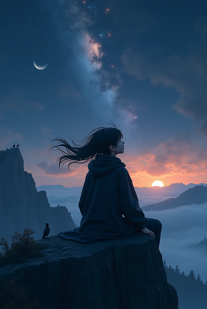 (photorealism:1.2), a boy with long hair sitting on the top of a mountain, wearing black.hoodie, hair is flowing in wind,looking at the sky, birds are on the tree, sky full of.stars, nebula on the sky, half moon, romantic weather, dark environment, view from back