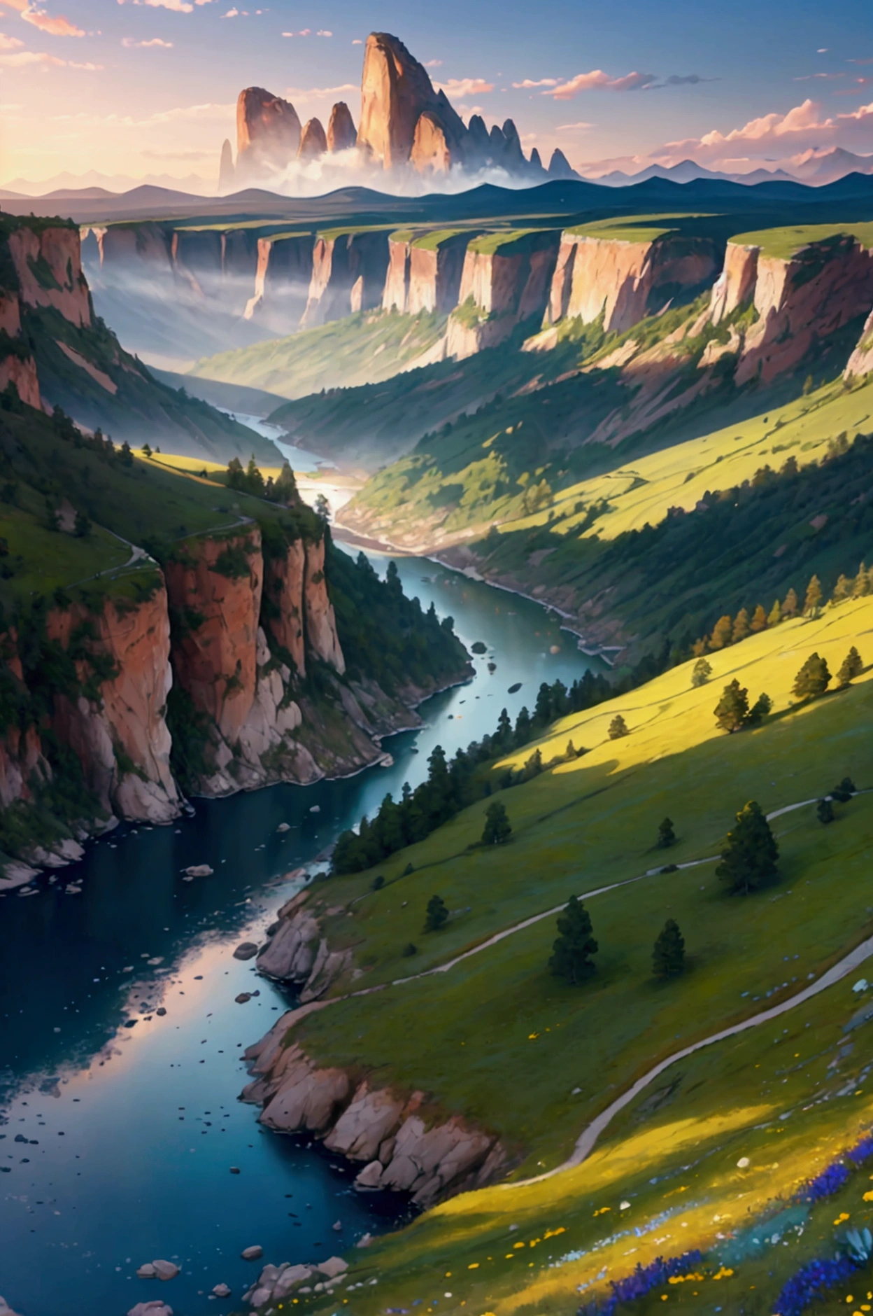 A breathtaking ultra-high-definition 4K digital painting capturing a stunning panoramic view from the edge of a towering cliff, overlooking a lush, serene valley below. The cliff is adorned with wildflowers and rugged, weathered rocks, adding texture and depth to the scene. Far below, a crystal-clear river winds through the valley, reflecting the golden hues of the setting sun. Majestic mountains rise in the distance, their peaks shrouded in a soft, ethereal mist. The sky above is a gradient of warm colors, transitioning from deep orange to soft lavender, with wispy clouds drifting lazily across the horizon. The entire landscape is bathed in the gentle glow of twilight, creating a peaceful and awe-inspiring atmosphere. Every detail is meticulously rendered, from the delicate petals of the wildflowers to the intricate patterns in the river below, making the painting a vibrant celebration of nature’s beauty as seen from this breathtaking vantage point.